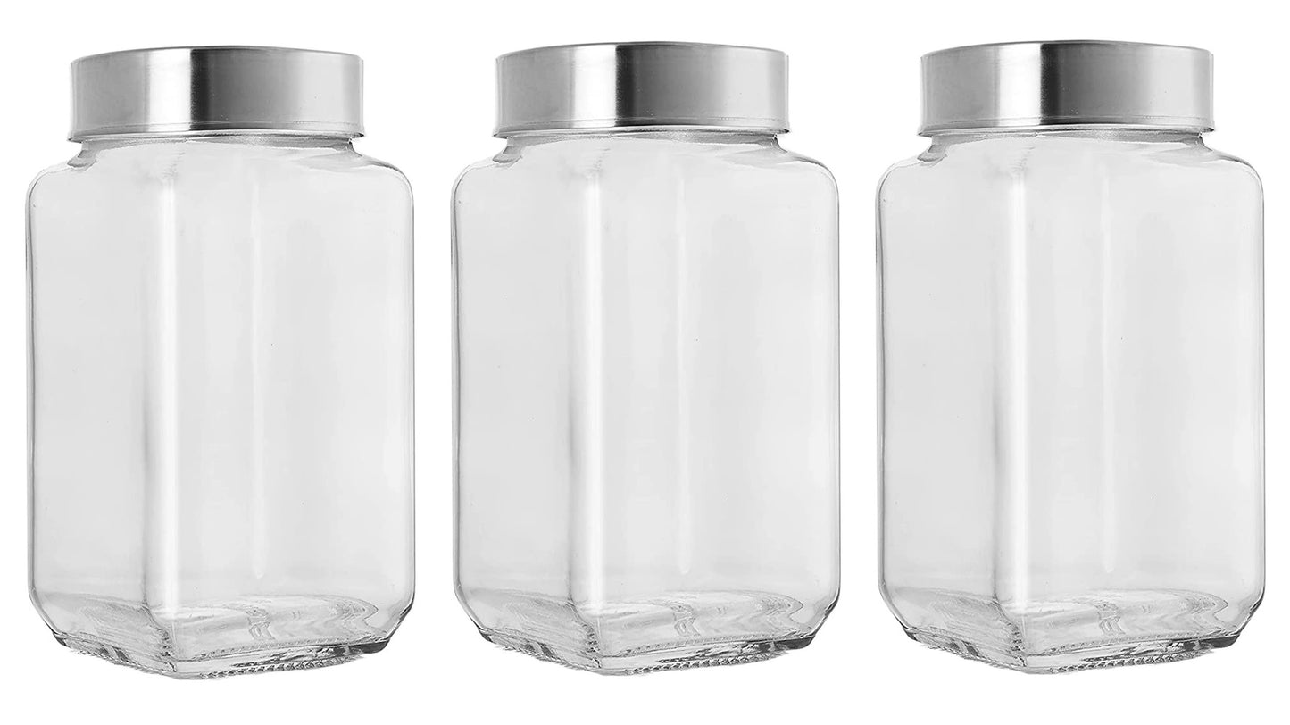 Machak Cubikal Big Kitchen Container Glass Jar Set with Steel Cap, 1800 ml, Clear