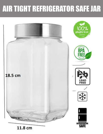 Machak Cubikal Big Kitchen Container Glass Jar Set with Steel Cap, 1800 ml, Clear