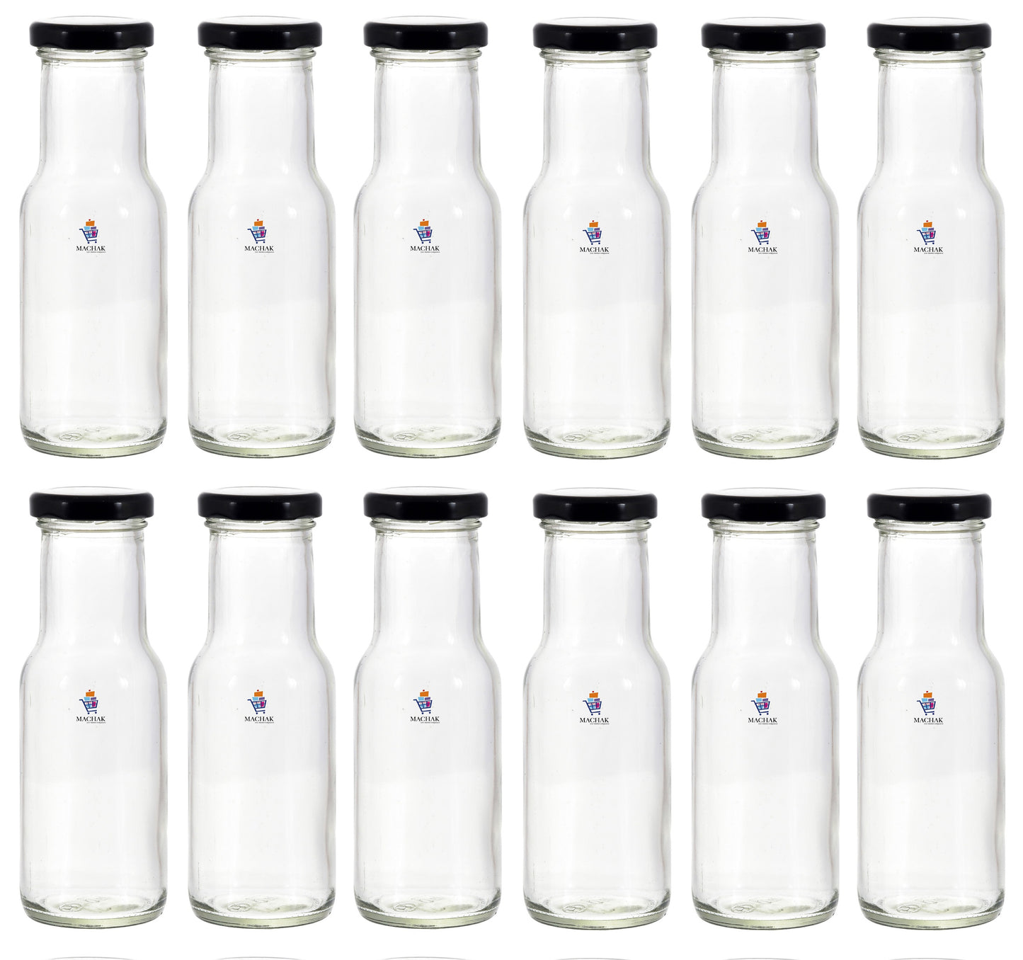 MACHAK 200 ml Glass Bottles for Milk, Juice with Rust Proof & Airtight Black Cap (2 Pieces)