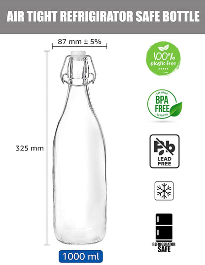 Machak Glass Water Bottle For Fridge With Flip Cap, 1 Litre, Transparent (Set of 4)