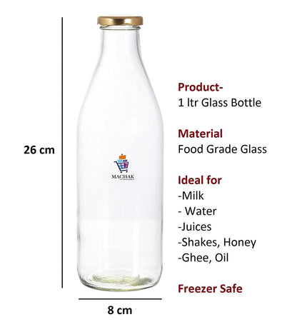 Machak Milk, Water and Juice Glass Bottle with Lid, 1 Litre, Clear (Set of 4)