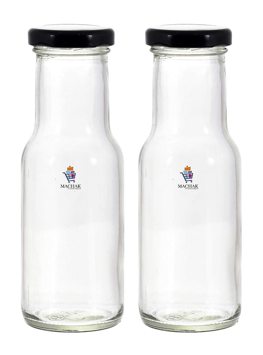MACHAK 200 ml Glass Bottles for Milk, Juice with Rust Proof & Airtight Black Cap (2 Pieces)