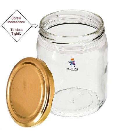 Machak Kitchen Storage Glass Jar With Air Tight Golden Metal Cap, 500 Gms, Clear (Set of 6)