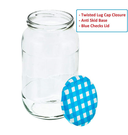 Machak Big Glass Jars Storage Containers for Kitchen 1kg, Blue Check Lids (6 Pieces)