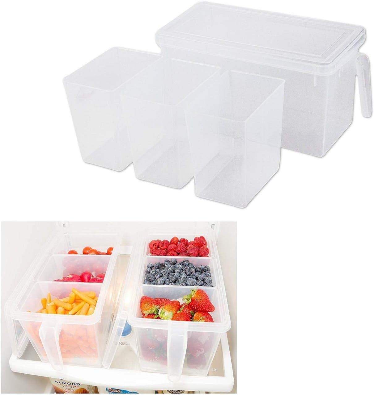 Machak Fridge Box Square Container With Handle Food Storage Organizer Boxes - Clear with Lid, Handle and 3 Smaller Bins (Set of 2)