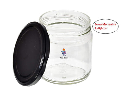 Machak Round Glass Jar With Airtight Lid For Kitchen Storage, Black, 200ml (12 Pieces)