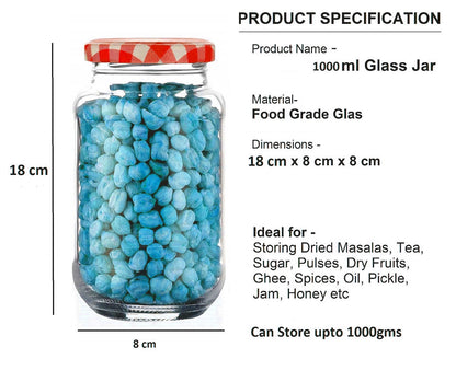 Machal Big Storage Container Glass Jar Set For Kitchen 1kg, Red Check Lids