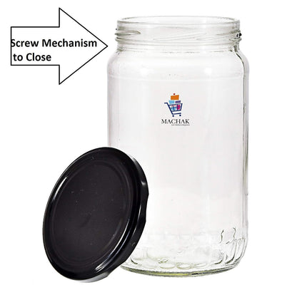 MACHAK Big Round Glass Jar Containers For Kitchen Storage With Airtight Black Lid, 1kg Set of 12
