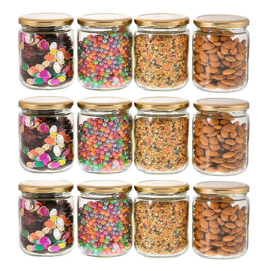 Machak Kitchen Storage Glass Jar With Rust Proof Air Tight Golden Cap, 500 Gms, Clear (Set of 12)