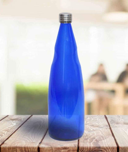 Machak Glass Water Bottle For Fridge with Stainless Steel Cap, 1 Litre, Blue (Set of 1)