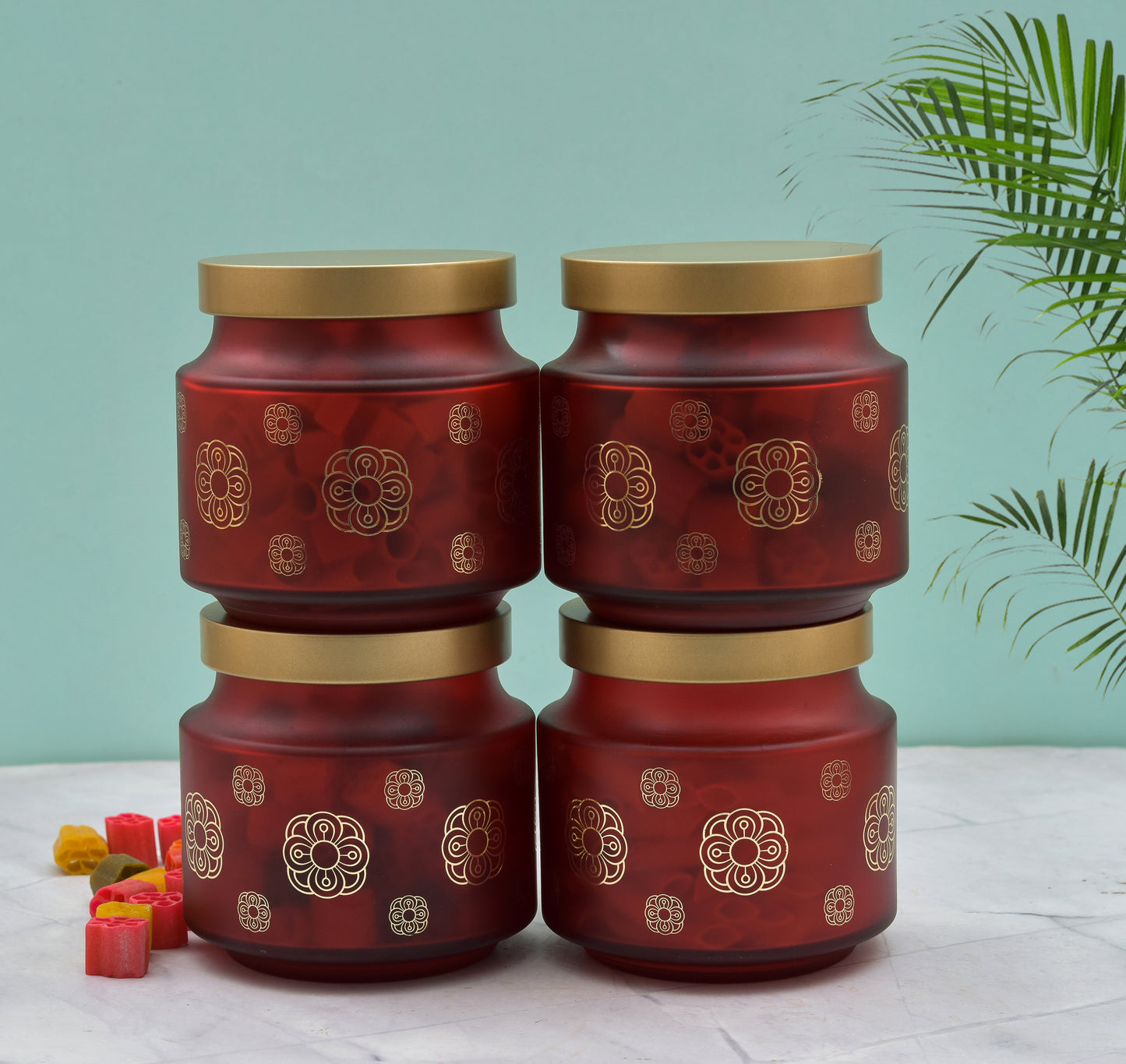 MACHAK Printed Round Glass Storage Jars with Golden Lids Food Storage Jars Canisters Kitchen Containers Set With Cap, Red, 600 ML (Set of 4)