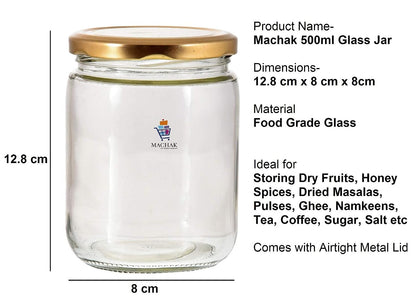 Machak Kitchen Storage Glass Jar With Rust Proof Air Tight Golden Cap, 500 Gms, Clear (Set of 12)