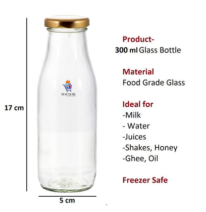 Machak 300 ml Glass Bottles for Milk, Juice with Rust Proof & Airtight Black Cap
