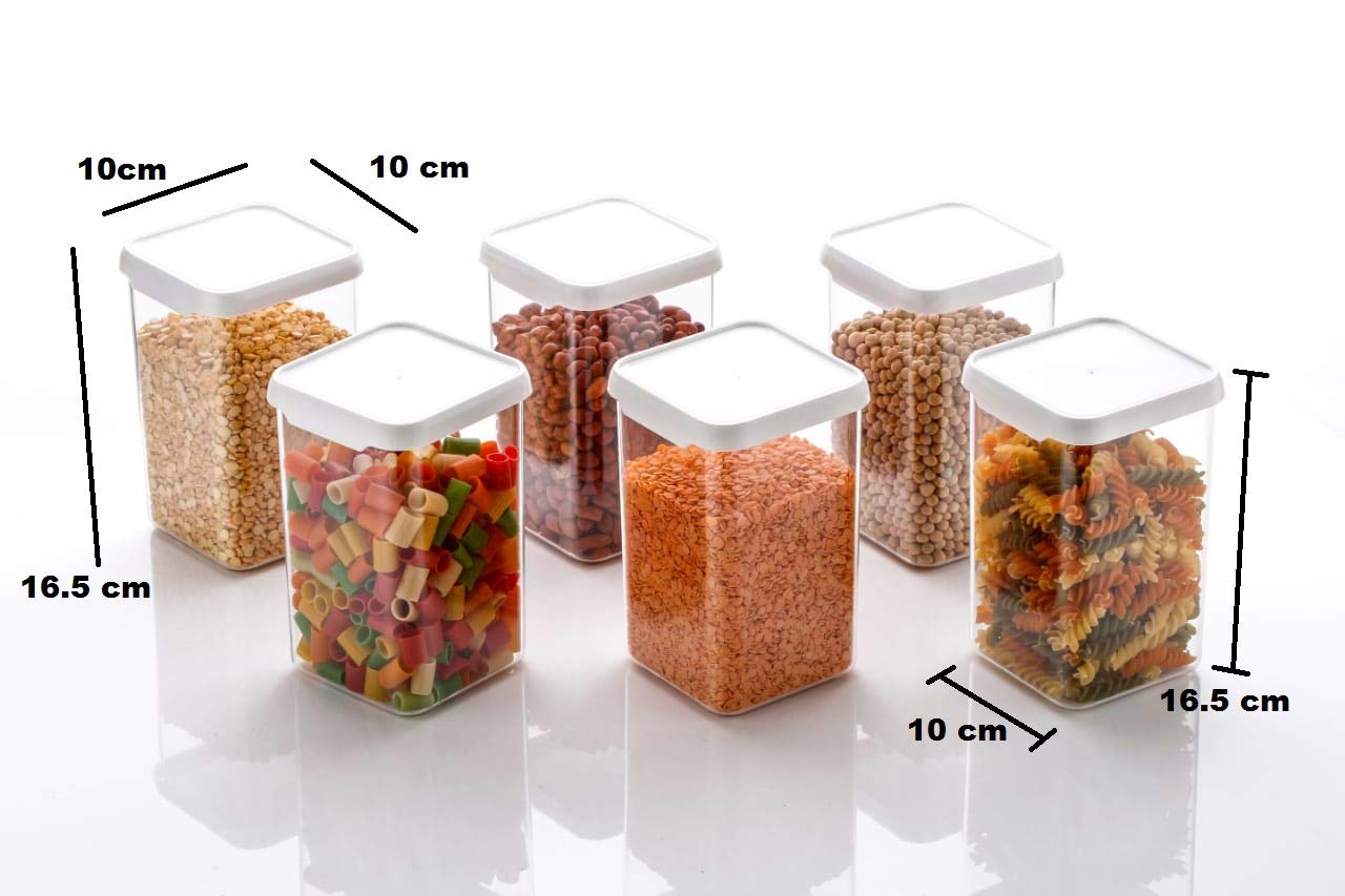 Machak Plastic Square Kitchen Storage Container Jar Set, Clear, White 1100 ml (12 Pcs)