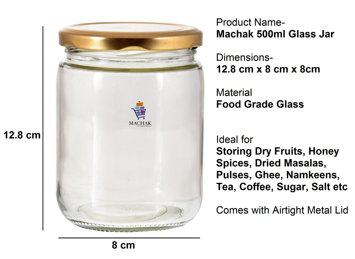Machak Kitchen Storage Glass Jar with Rust Proof Air Tight Golden Cap, 500 GMS, Clear