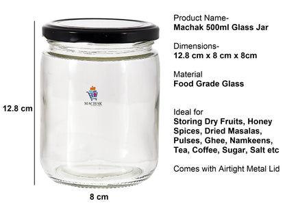 Machak Kitchen Storage Glass Jar For Kitchen With Air Tight Black Cap, 500ml, Clear