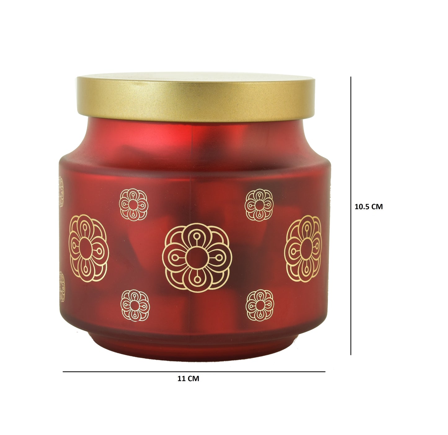 MACHAK Printed Round Glass Storage Jars with Golden Lids Food Storage Jars Canisters Kitchen Containers Set With Cap, Red, 600 ML (Set of 2)