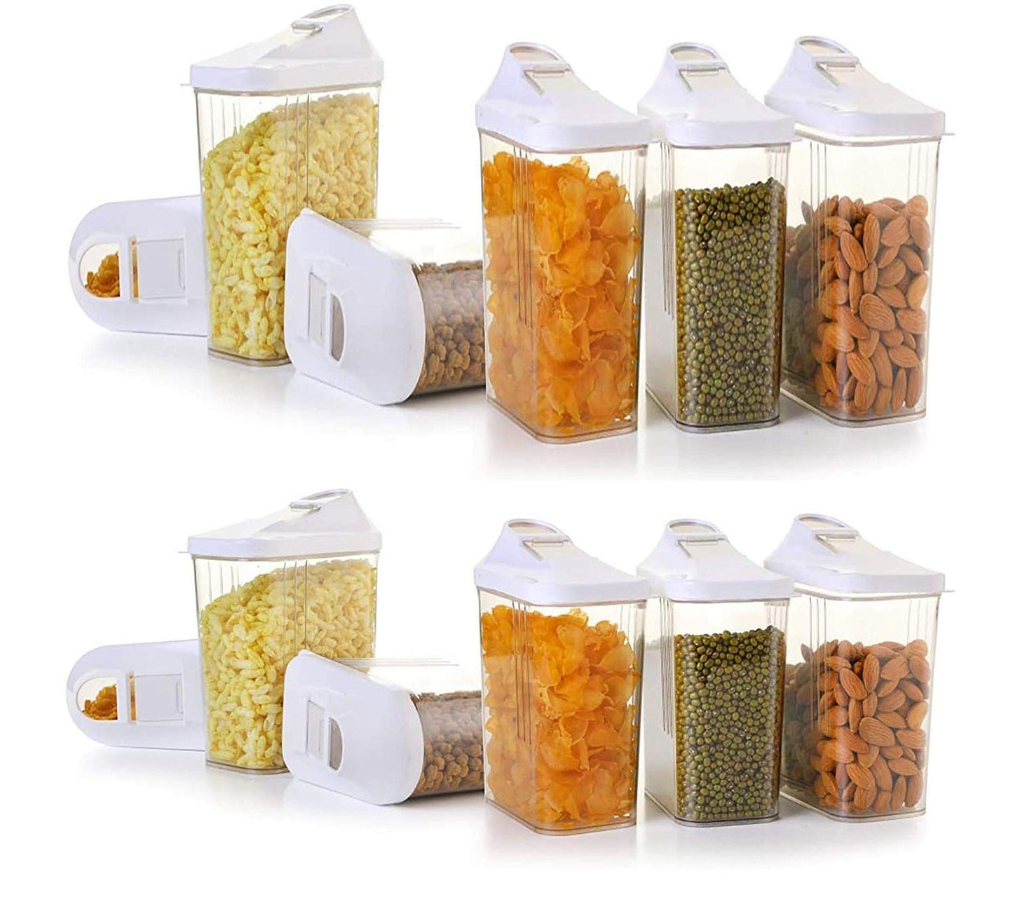 Machak 12 pcs Easy Flow Kitchen Container Set Storage Box Idle for Cereal Pulses, (750 ml x 6 & 1100 ml x 6) Clear