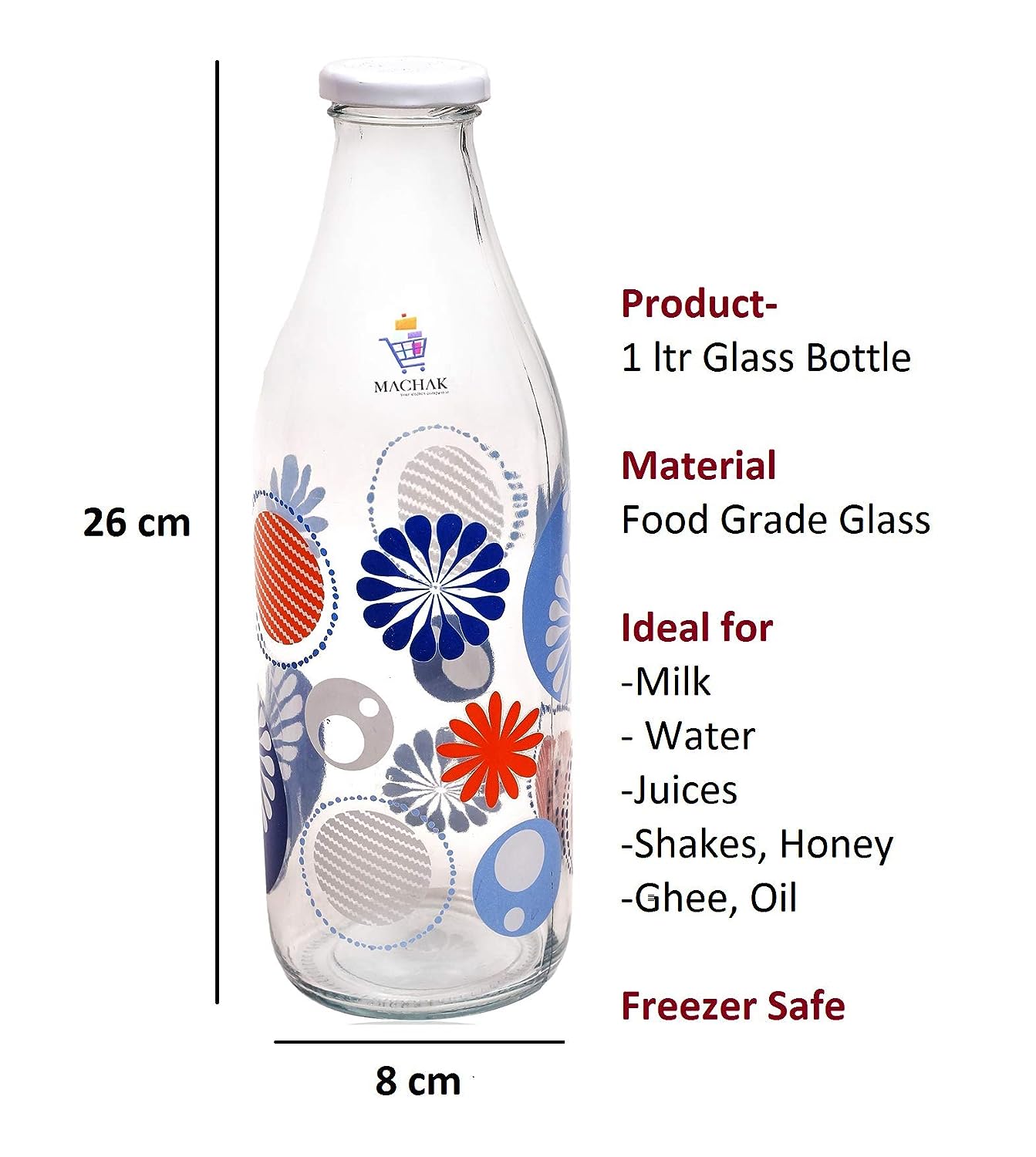 Machak Decal Glass Water Bottle For Fridge 1 litre, Assorted (Set of 6)