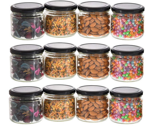 Machak Round Glass Jar For Kitchen Container For Storage Airtight, 350ml, Black Lid (12)