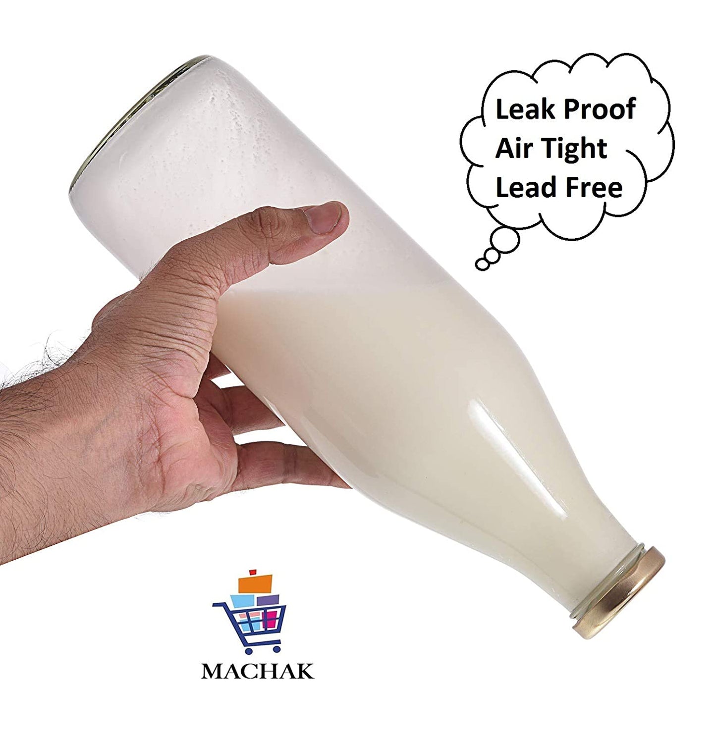 Machak Milk, Water & Juice Glass Bottle with Lid, 1 Litre, Clear (Set of 2)