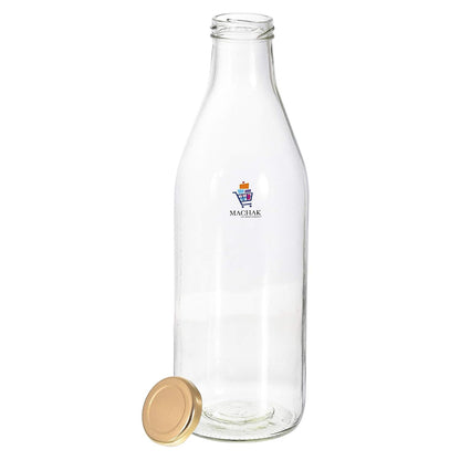 Machak Milk, Water & Juice Glass Bottle with Lid, 1 Litre, Clear (Set of 2)