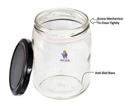 Machak Kitchen Storage Glass Jar For Kitchen With Air Tight Black Cap, 500ml, Clear (Set of 6)