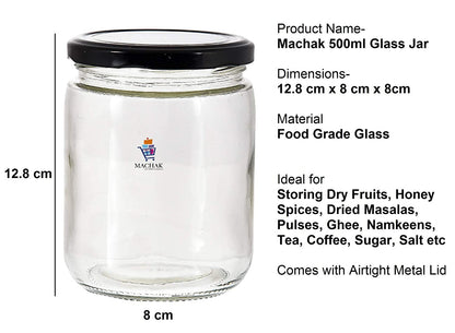 Machak Kitchen Storage Glass Jar For Kitchen With Air Tight Black Cap, 500ml, Clear (Set of 6)