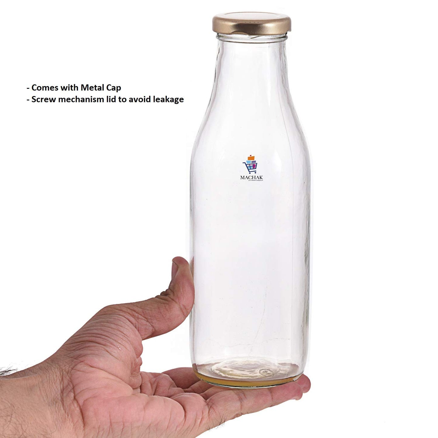 Machak Milk, Water Bottle Glass Bottle with Air Tight Cap, 500 ml, Clear (4), Pack of 4