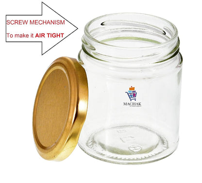 Machak Round Glass Jar Set of 6,Glass Containers for Storage With Golden Color Lid, 200ml, Clear