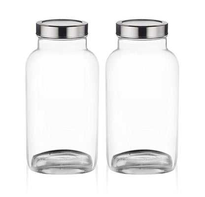 Machak Square Big Glass Containers for Kitchen Storage Food Storage Jar, See Through Steel Cap, 3000ml, Clear (Set of 2)