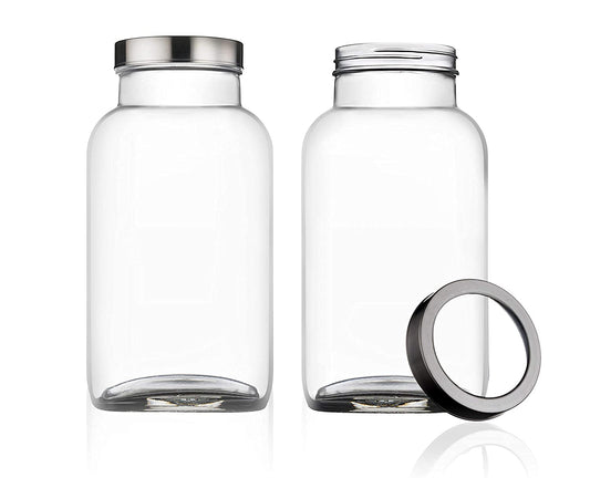 Machak Square Big Glass Containers for Kitchen Storage Food Storage Jar, See Through Steel Cap, 3000ml, Clear (Set of 2)