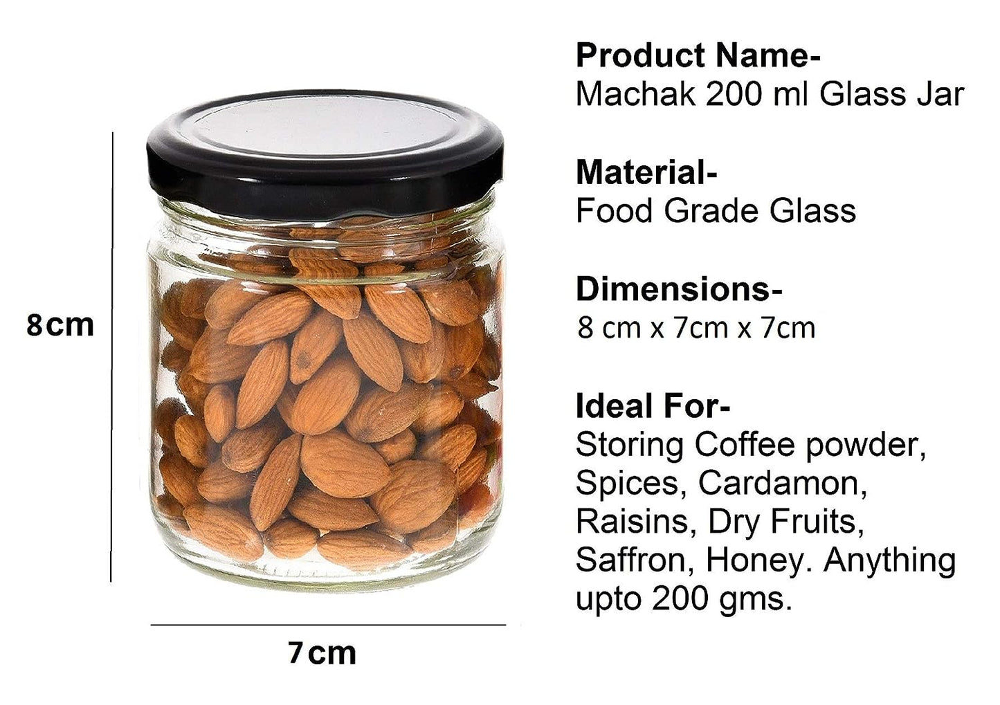 Machak Round Glass Jar With Airtight Lid For Kitchen Storage, Black, 200ml (6 Pieces)