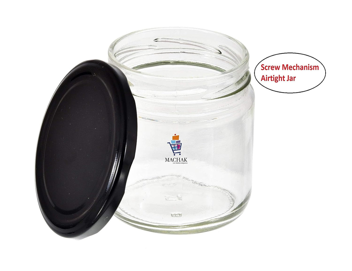 Machak Round Glass Jar With Airtight Lid For Kitchen Storage, Black, 200ml (6 Pieces)