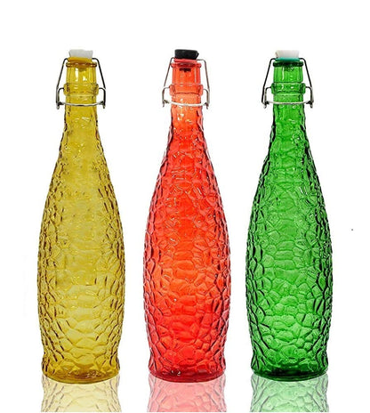 MACHAK Crick Glass Water Bottle For Fridge (1 L, Multicolour Colours) - Set of 3