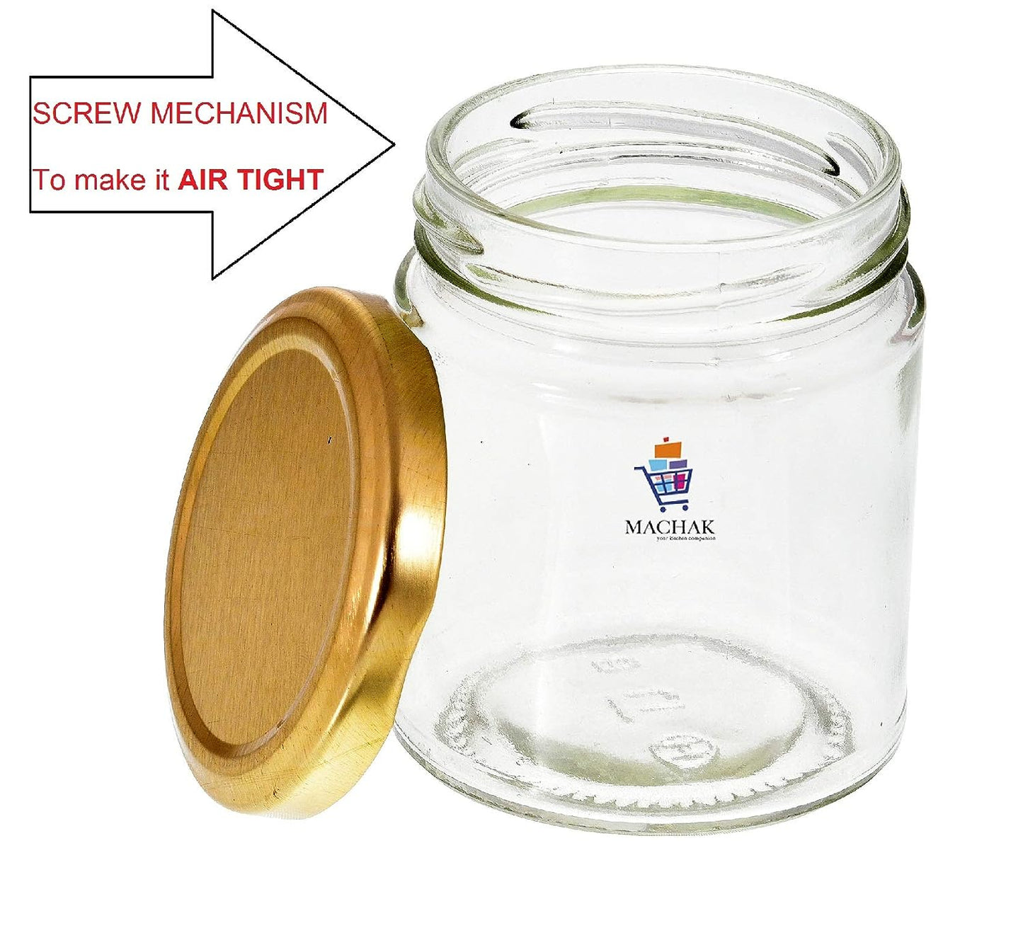 MACHAK Round Glass Jar Set of 12,Glass Container for Storage With Golden Color Lid, 200ml, Clear