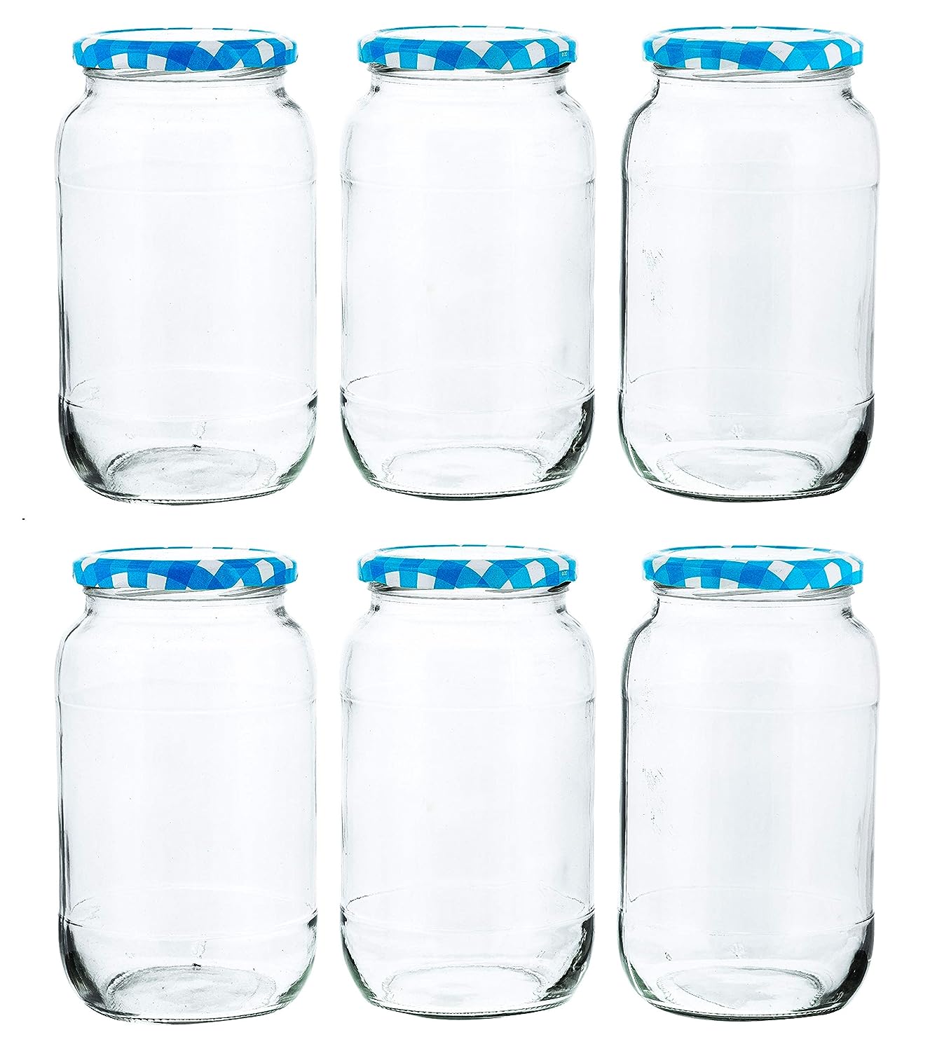 Machak Big Glass Jars Storage Containers for Kitchen 1kg, Blue Check Lids (6 Pieces)