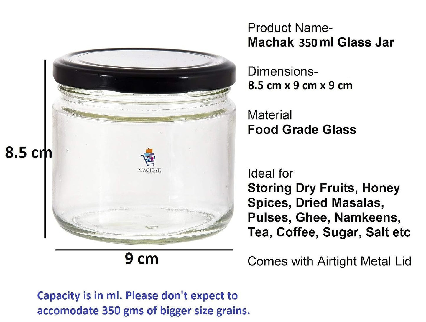 Machak Round Glass Jar For Kitchen Container For Storage Airtight, 350ml, Black Lid (4 Pieces)