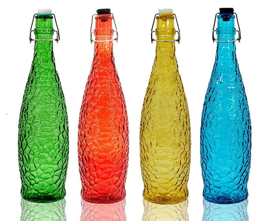Machak Crick Glass Water Bottles - 1 ltr | Clear, Mix Colors | (Set of 4)