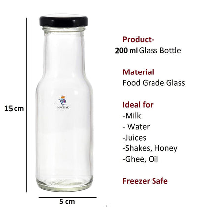MACHAK 200 ml Glass Bottles for Milk, Juice with Rust Proof & Airtight Black Cap (6 Pieces)