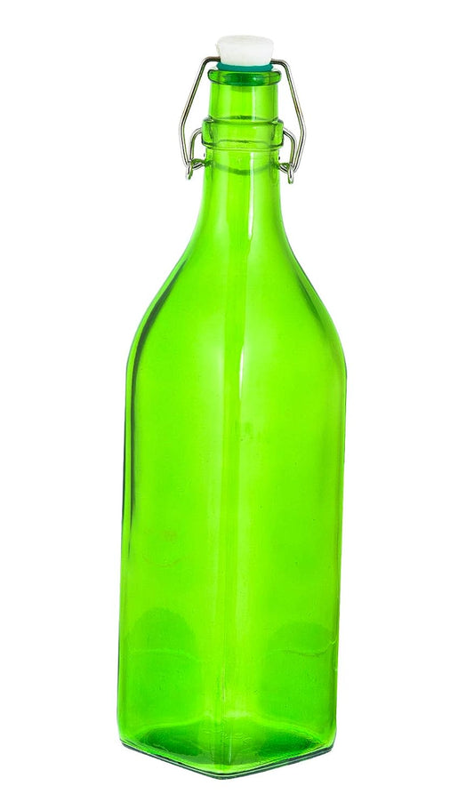 Machak Square Glass Bottles With Cork 1litre, Kitchen Decoration (Set of 1, Green)