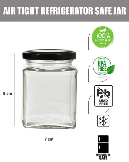 Machak Square Glass Jar 250 ml With Airtight Lid For Kitchen Storage, Black (12 Pieces)