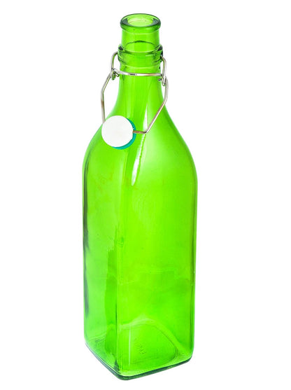 Machak Square Glass Bottles With Cork 1litre, Kitchen Decoration (Set of 1, Green)