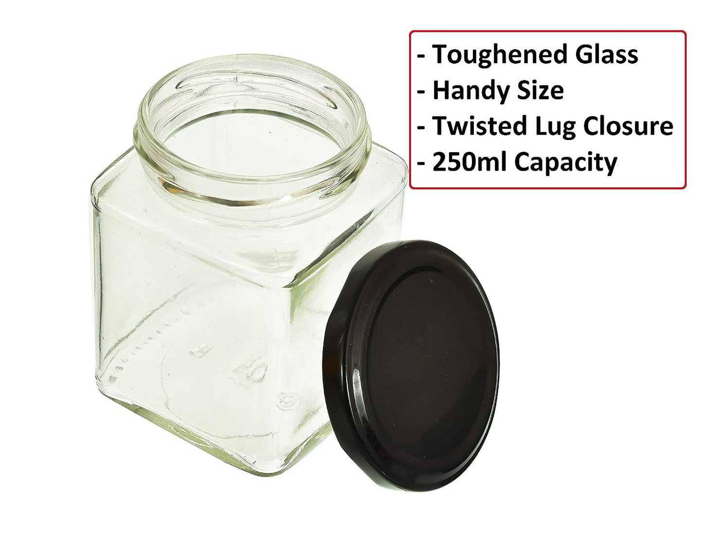 Machak Square Glass Jar 250 ml With Airtight Lid For Kitchen Storage, Black (12 Pieces)