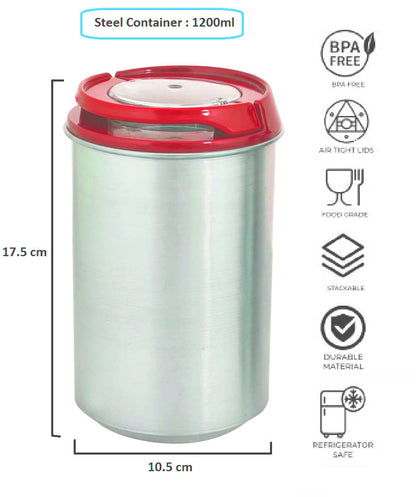 Machak Steel Airtight Containers Set For Kitchen Storage, 1200ml (Red, Set of 4)