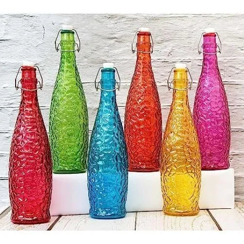 Machak Crick Glass Water Bottles - 1 ltr | Clear, Mix Colors | (Set of 4)