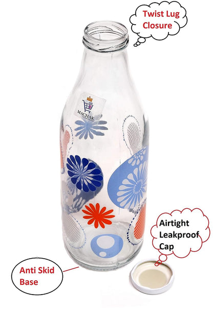 Machak Decal Glass Water Bottle For Fridge 1 litre, Assorted (4)