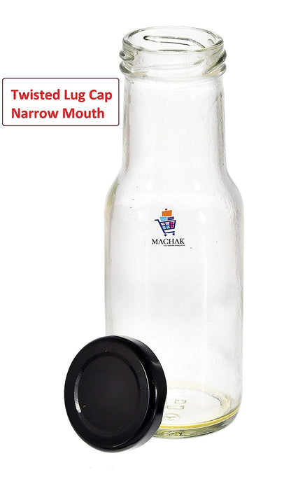MACHAK 200 ml Glass Bottles for Milk, Juice with Rust Proof & Airtight Black Cap (Set of 12)