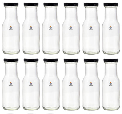 MACHAK 200 ml Glass Bottles for Milk, Juice with Rust Proof & Airtight Black Cap (Set of 12)