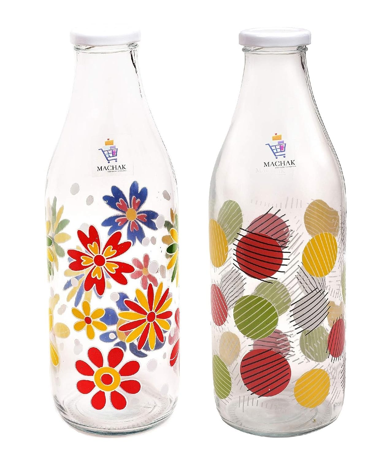 Machak Decal Glass Water Bottle For Fridge 1 litre, Assorted (Set of 2)